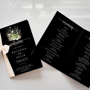 Boho Wildflower Black Folded Wedding Program