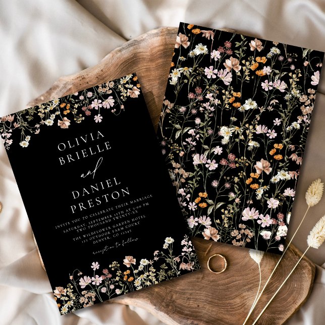 Boho Wildflower Black Garden Wedding Invitation (Creator Uploaded)