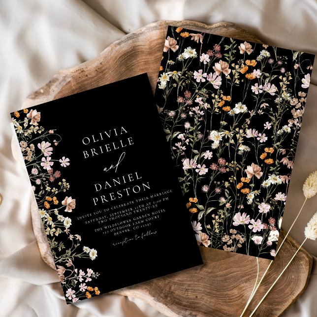 Boho Wildflower Black Garden Wedding Invitation (Creator Uploaded)