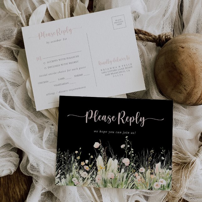 Boho Wildflower Black Menu Choice RSVP  (Creator Uploaded)