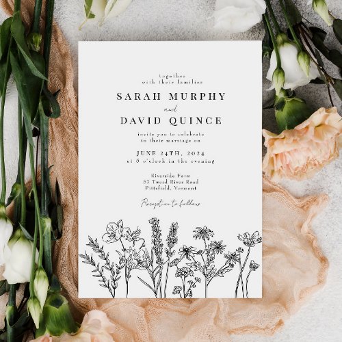 Boho Wildflower Black  White Elegant Wedding Invitation