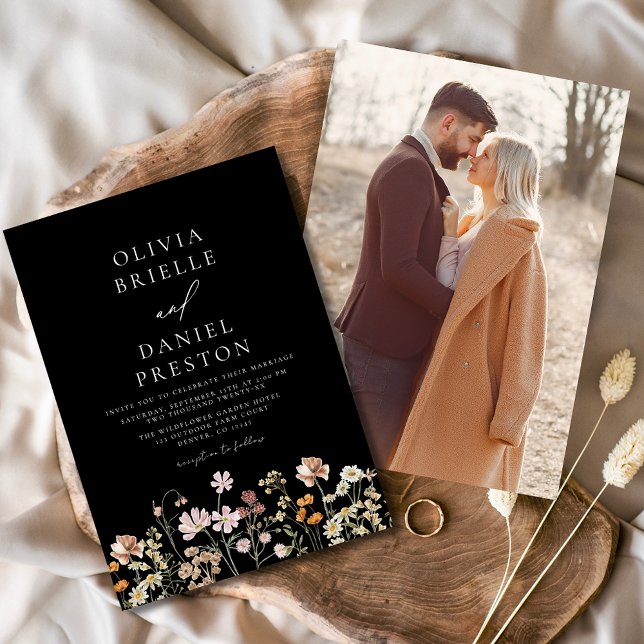 Boho Wildflower Black White Photo Garden Wedding Invitation (Creator Uploaded)