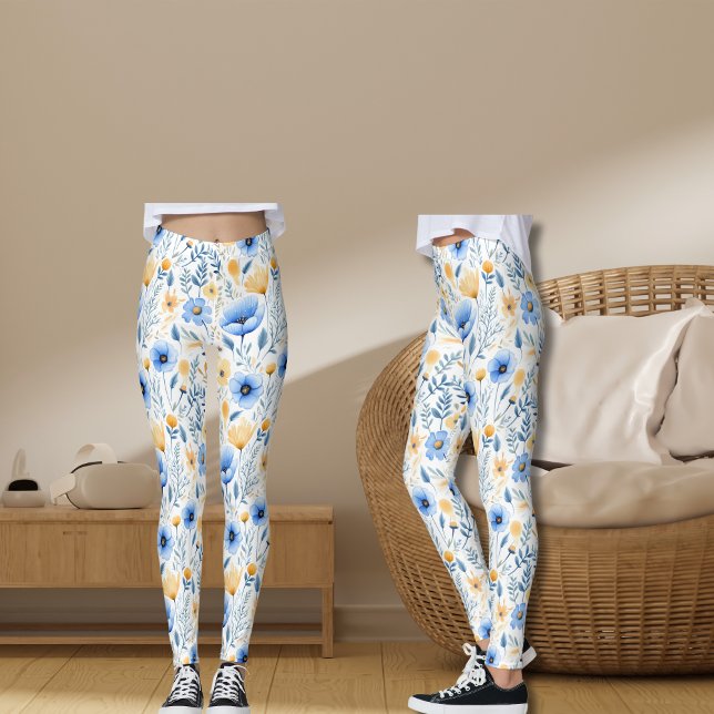 Boho Wildflower Blue Yellow Floral Yoga Leggings (Blue Yellow Wildflowers Boho Yoga Leggings)