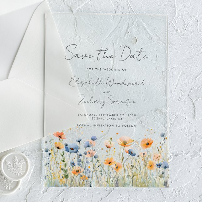 Boho Wildflower Border Orange Blue Wedding Acrylic Invitations (Creator Uploaded)