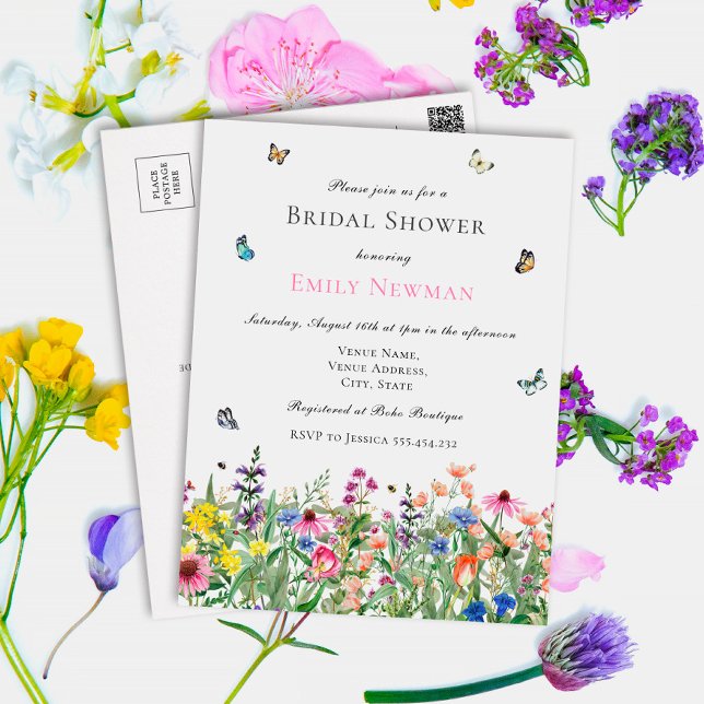 Boho Wildflower Bridal Shower Invitation Postcard (Creator Uploaded)