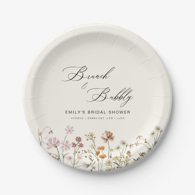 Boho Wildflower Brunch & Bubbly  Bridal Shower Paper Plates (Front)