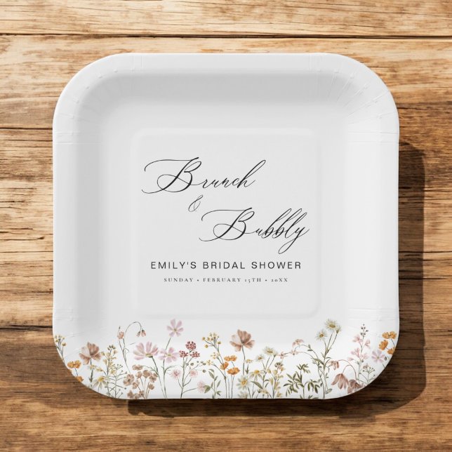 Boho Wildflower Brunch & Bubbly  Bridal Shower Paper Plates (Creator Uploaded)