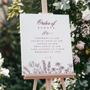 Boho Wildflower Burgundy Wedding Order of Events Foam Board