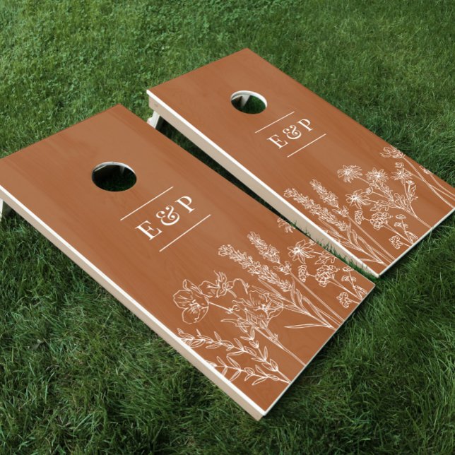 Boho Wildflower Burnt Orange Terracotta Wedding Cornhole Set (Creator Uploaded)