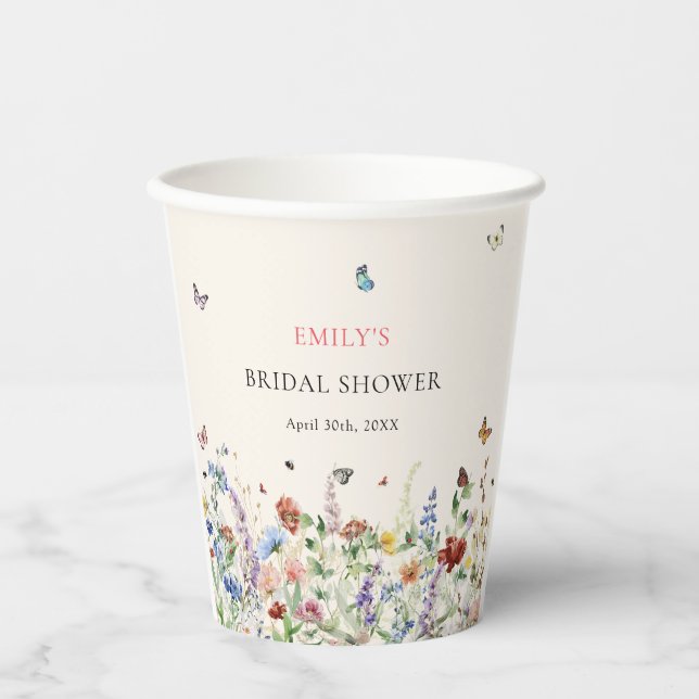Boho Wildflower Butterfly Bridal Shower Paper Cups (Front)