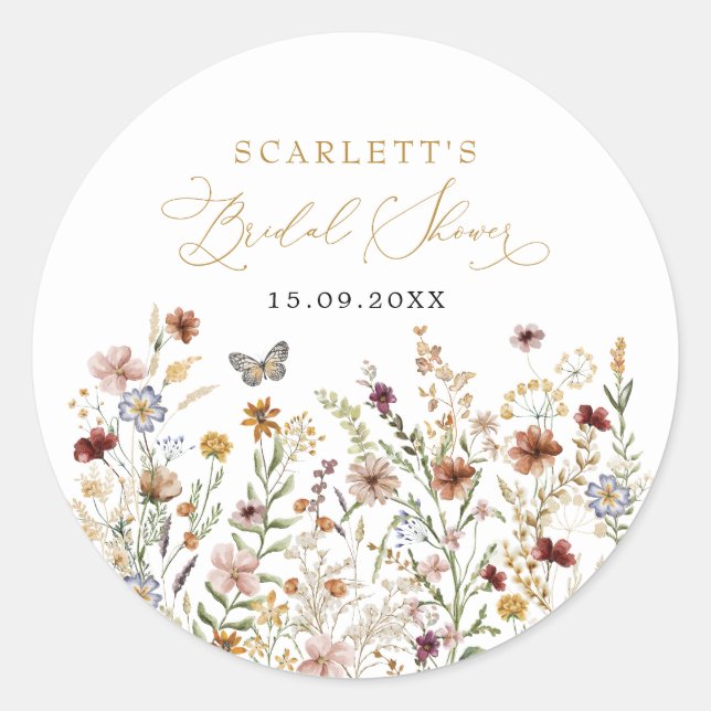 Boho Wildflower Butterfly Meadow Bridal Shower Classic Round Sticker (Front)