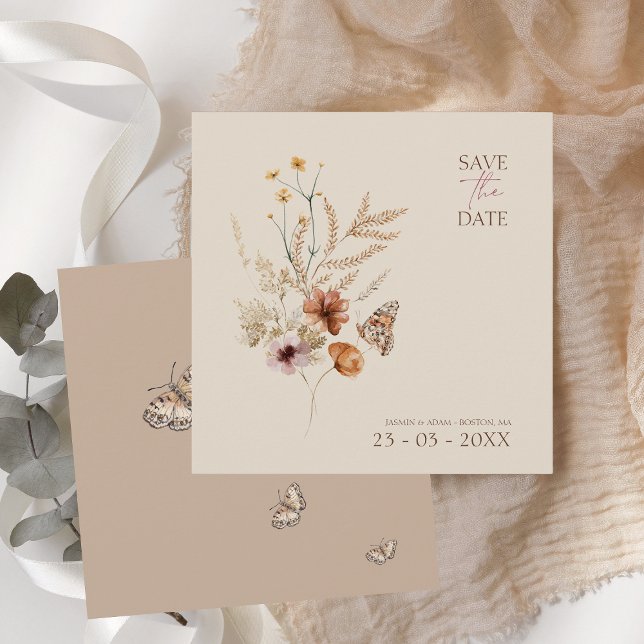 Boho Wildflower Butterfly Rustic Save the Date (Boho Brown Wildflowers and Butterflies Wedding Save The Date)