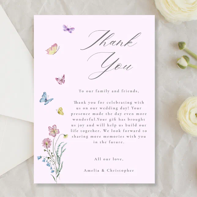 Boho Wildflower Butterfly Wedding Thank You Card | Zazzle
