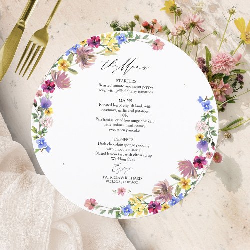 Boho Wildflower Circle Wedding Menu Card