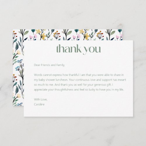 Boho Wildflower Custom Message Bridal Shower  Thank You Card