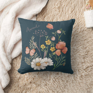 Boho Wildflower Custom Name Throw Pillow