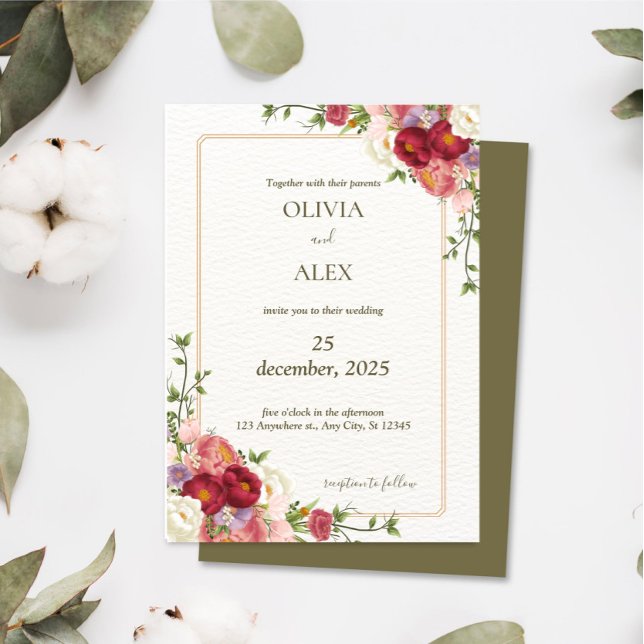 Boho Wildflower Dark Red Flower Wedding Invitation (Creator Uploaded)
