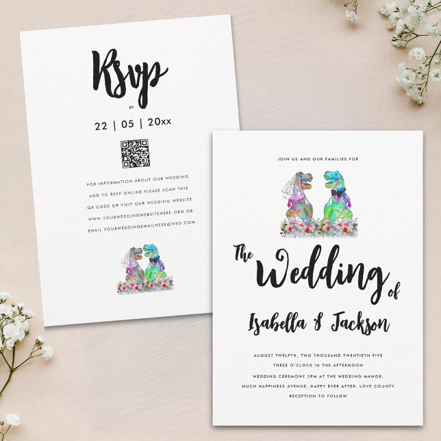 Boho Wildflower Dinosaur Bride and Groom Wedding Invitation (Dinosaur theme wildflower wedding invitation with dino bride and groom wedding rsvp website qr code)