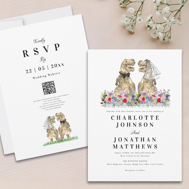 Boho Wildflower Dinosaur Wedding Invitation (Wildflower dinosaur wedding invitation with qr code and watercolor summer and spring florals)