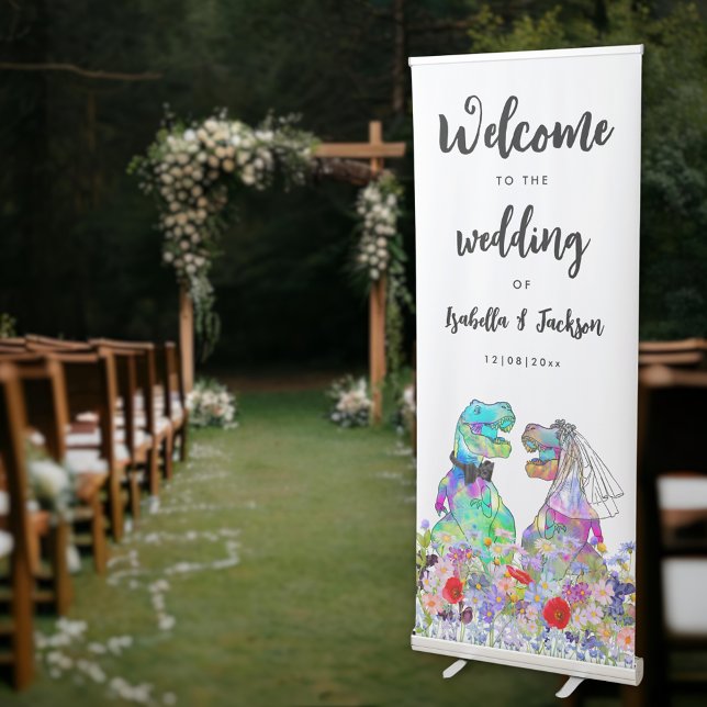 Boho Wildflower Dinosaur Wedding Welcome Retractable Banner (Boho wildflower dinosaur wedding welcome retractable banner with T-Rex bride and groom )