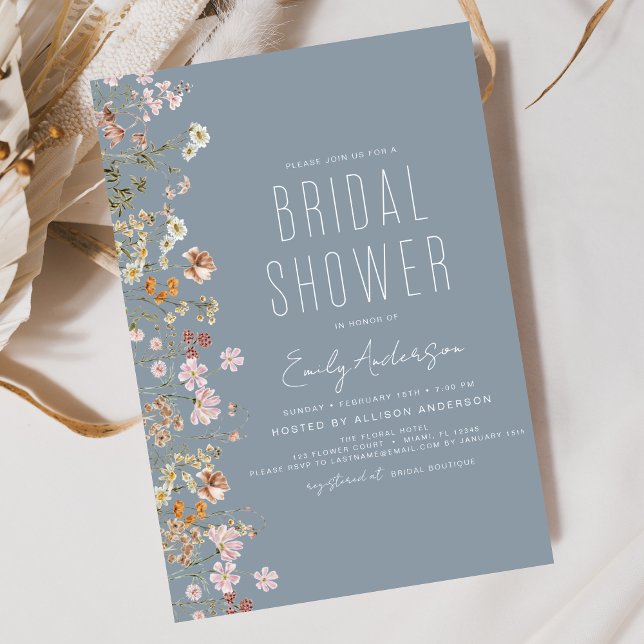 Boho Wildflower Dusty Blue Elegant Bridal Shower  Invitation (Creator Uploaded)