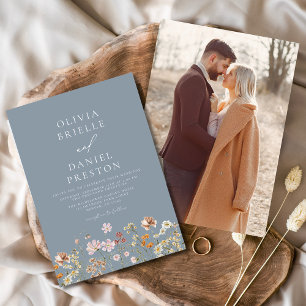 Boho Wildflower Dusty Blue Photo Garden Wedding Invitation