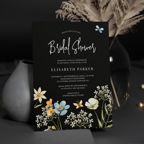 Boho wildflower elegant black bridal shower invitation