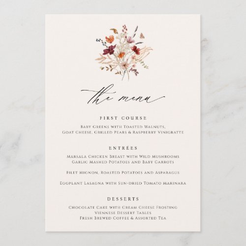 Boho Wildflower Elegant Fall Wedding Menus