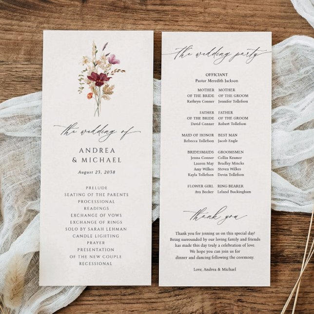 Boho Wildflower Elegant Fall Wedding Program (Fall wildflowers boho wedding programs - simple watercolor printed wedding programs - vintage text.)
