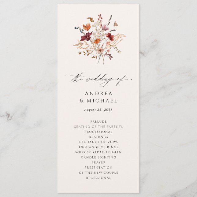 Boho Wildflower Elegant Fall Wedding Program (Front)
