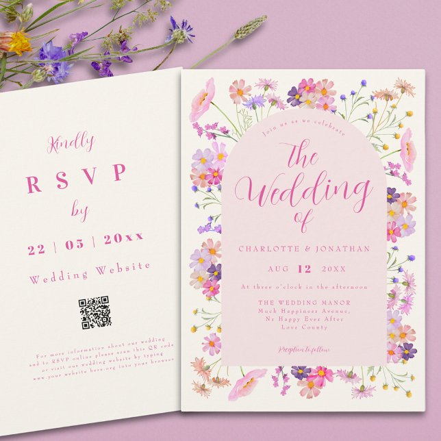 Boho Wildflower Elegant Pink QR Code Wedding Invitation (Boho wildflower pink script wedding qr code invitation )