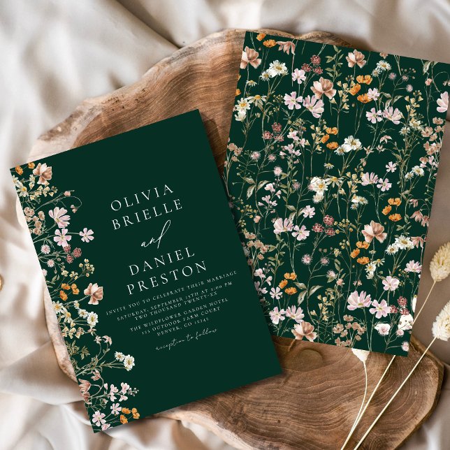 Boho Wildflower Emerald Green Garden Wedding Invitation (Creator Uploaded)