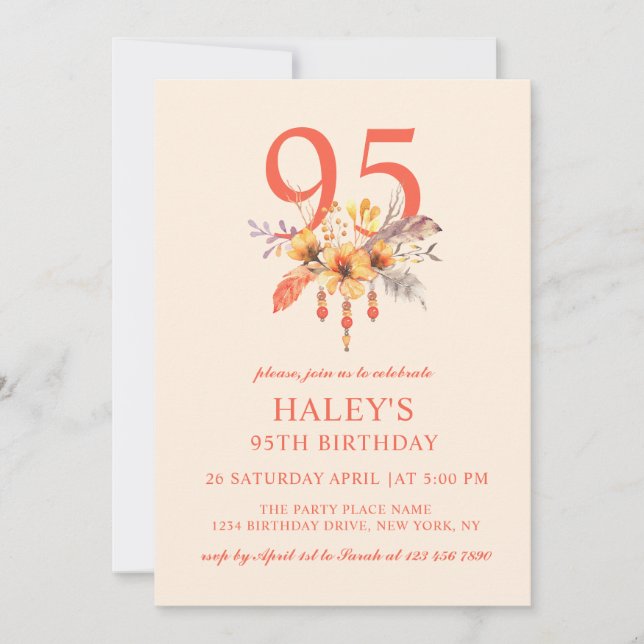 Boho Wildflower Fall Autumn Floral 95TH Birthday Invitation (Front)