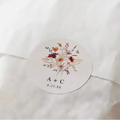 Boho Wildflower Fall Burgundy Rust Wedding Classic Round Sticker