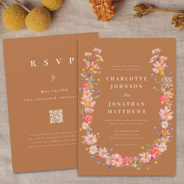Boho Wildflower Fall Wedding Invitation (Terracotta Brown fall boho rustic wildflower wreath wedding invitation watercolor autumn florals )