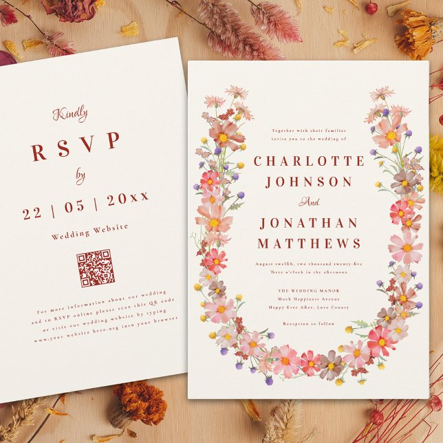 Boho Wildflower Fall Wedding Invitation (Wildflower wreath fall wedding invitation )