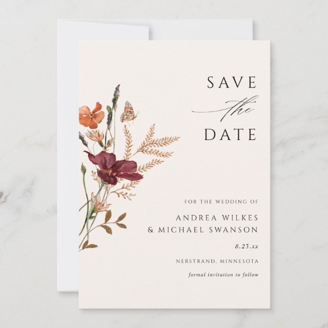 Boho Wildflower Fall Wedding Vintage Save The Date (Front)