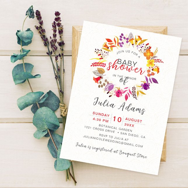 Boho Wildflower Fall Wreath Foliage Baby Shower Invitation (Creator Uploaded)