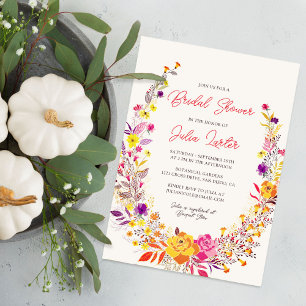 Boho Wildflower Fall Wreath Foliage Bridal Shower Invitation