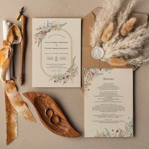 Boho Wildflower Fern Beige Wedding Details and Invitation