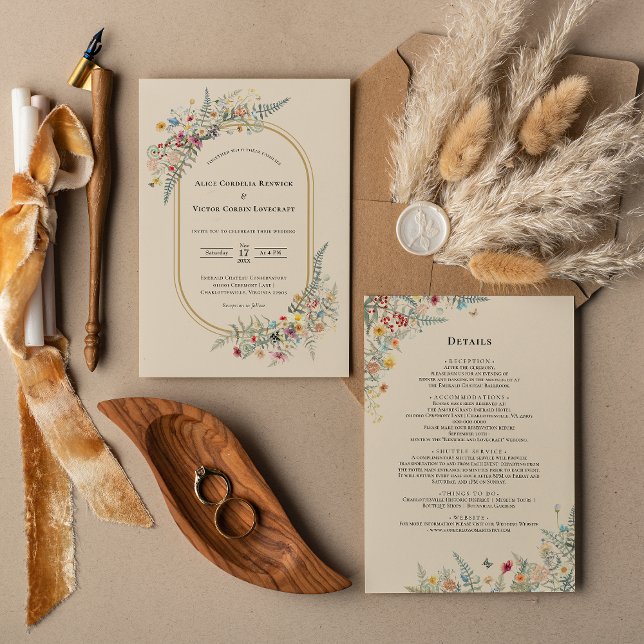Boho Wildflower Fern Beige Wedding Details and Invitation (Creator Uploaded)