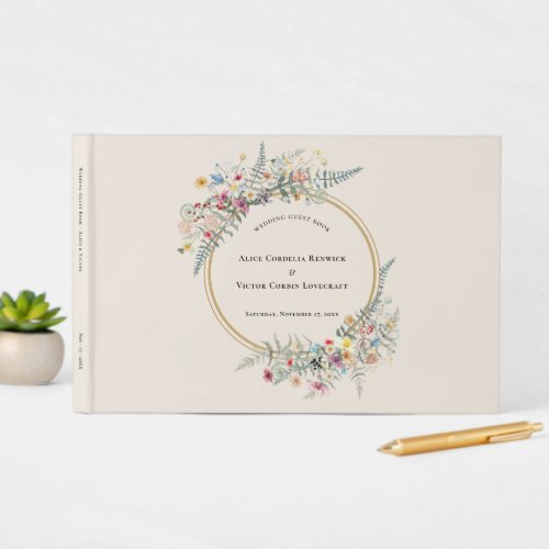 Boho Wildflower Fern Beige Wedding Guest Book
