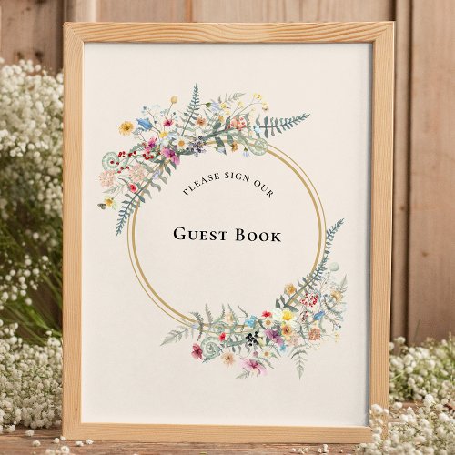 Boho Wildflower Fern Beige Wedding Guest Book Sign