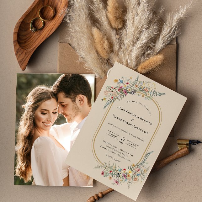 Boho Wildflower Fern Beige Wedding Photo Invitation (Creator Uploaded)