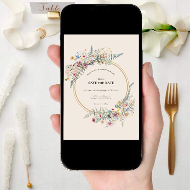 Boho Wildflower Fern Beige Wedding Save The Date (Front Digital)