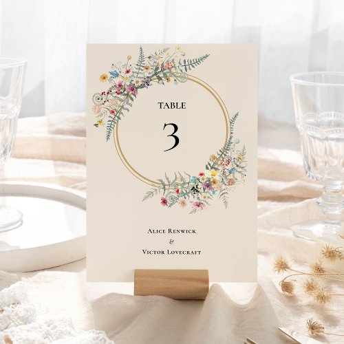 Boho Wildflower Fern Beige Wedding Table Number