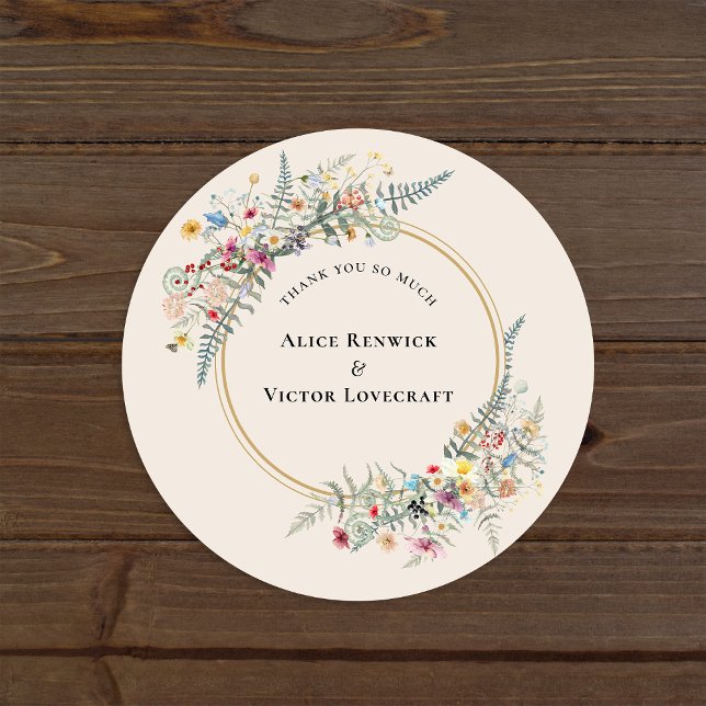 Boho Wildflower Fern Beige Wedding Thank You Favor Classic Round Sticker (Creator Uploaded)