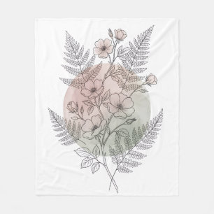 Boho Wildflower Fern Botanical Line Art Dusty Rose Fleece Blanket