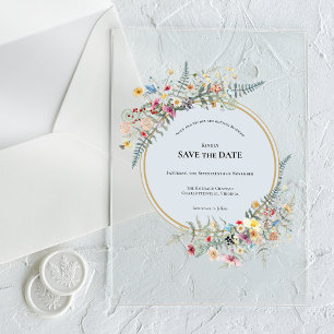 Boho Wildflower Fern Dusty Blue Save the Date