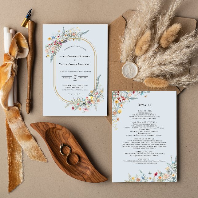 Boho Wildflower Fern Dusty Blue Wedding Details Invitation (Creator Uploaded)